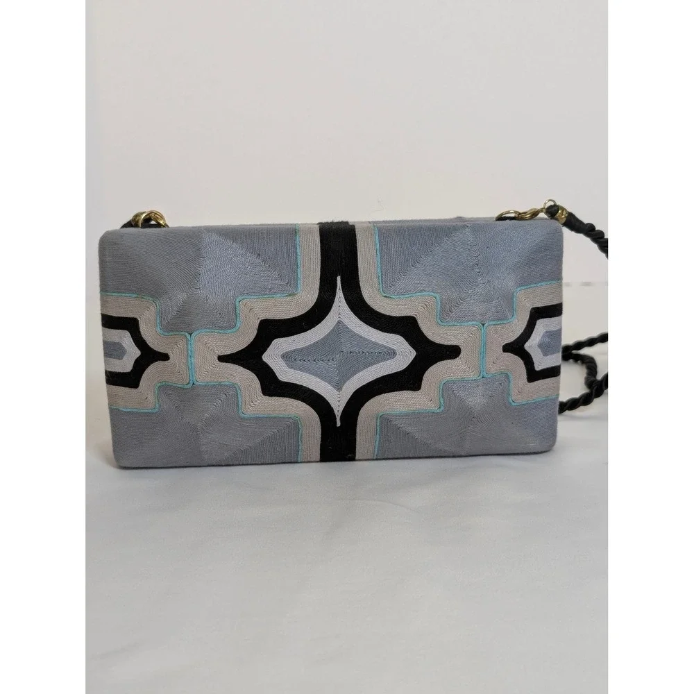 Beatriz Cheska Cross Clutch Embroidery Evening Bag Grey Black Geometric Handmade
